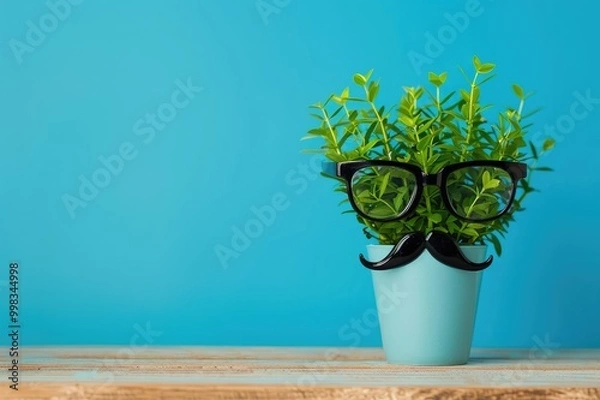 Fototapeta Happy Father's day concept with cute funny plant with mustache and eyeglasses on wooden table over blue background