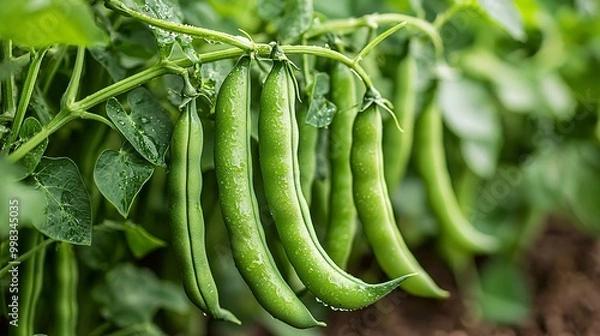 Fototapeta Fresh green pea pods hang from a vine, glistening with dew in a lush garden setting, symbolizing growth and harvest.