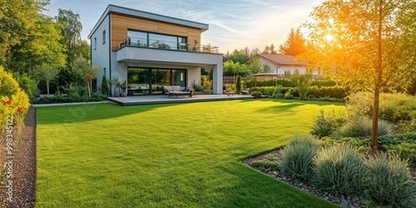 Fototapeta Stunning modern house with a beautiful garden under a warm sunset. Ideal for architecture and landscape photography.