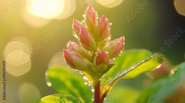 Fototapeta Delicate blossom surrounded by morning dew with a soft, glowing background in a serene garden at sunrise