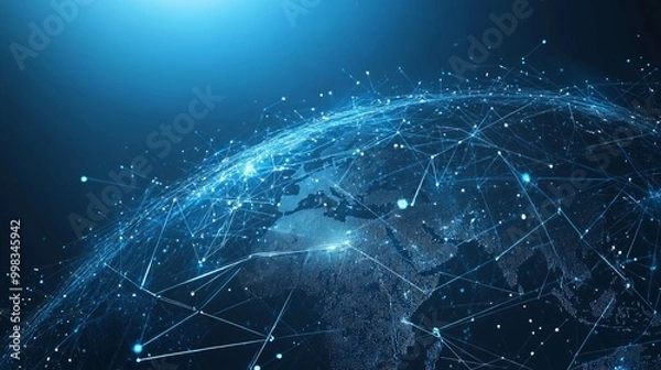 Fototapeta Connecting the world through advanced networks. Interwoven lines and points represent global business and connectivity. Blue futuristic backdrop featuring Earth highlights the digital age