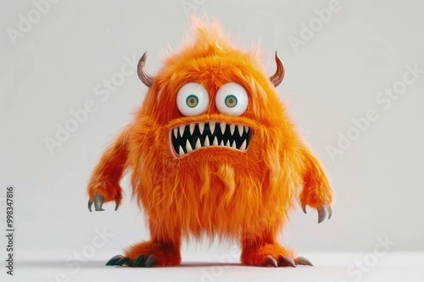 Fototapeta Orange fluffy cartoon character monster isolated on white background. Monster, funny mascot. Generative AI 3d render illustration imitation.