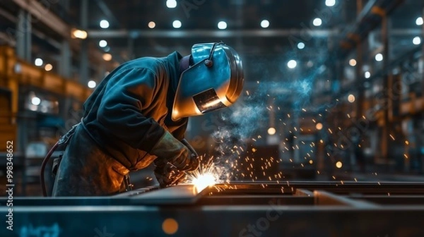 Fototapeta Welder in protective gear working on metal fabrication in an industrial workshop during evening hours