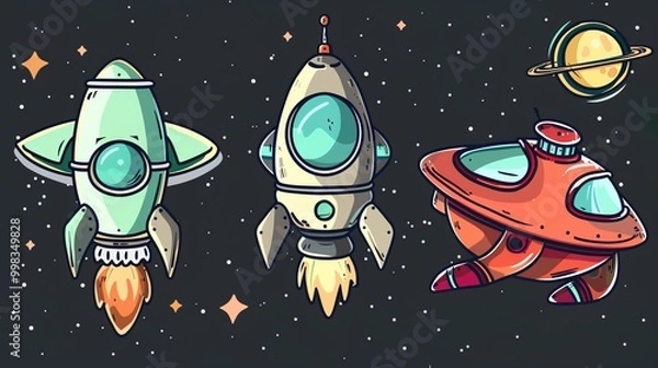 Fototapeta graphics of space, planets, and astronauts on a white background.