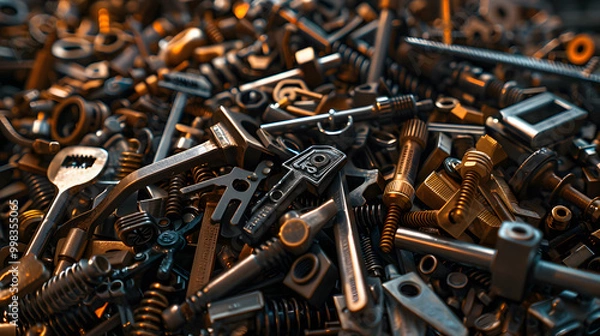 Fototapeta High detail close-up of shiny metal fasteners piled together with a neutral background