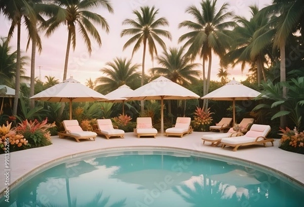 Fototapeta A tropical resort pool with floating circular platforms and lounge chairs, surrounded by lush greenery