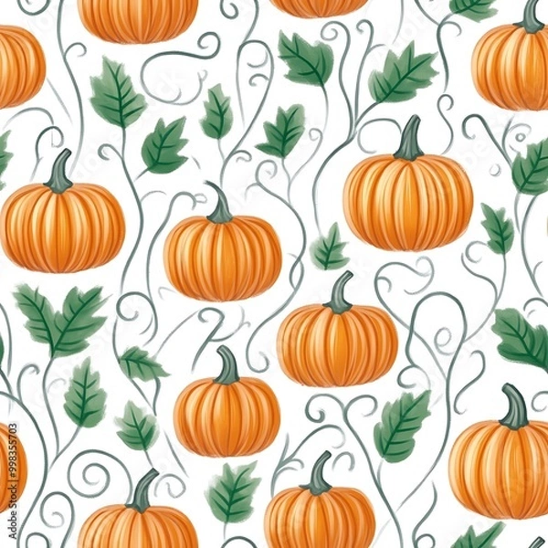 Fototapeta Beautiful pumpkin pattern with green vines for autumn decoration