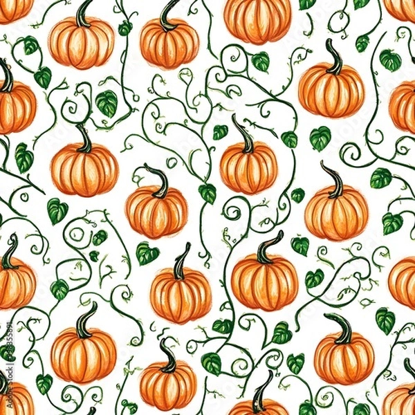 Obraz Beautiful pumpkin pattern with green vines for autumn decoration