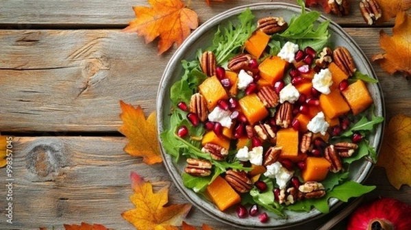 Fototapeta Seasonal fall salad with pomegranate, goat cheese, and maple vinaigrette