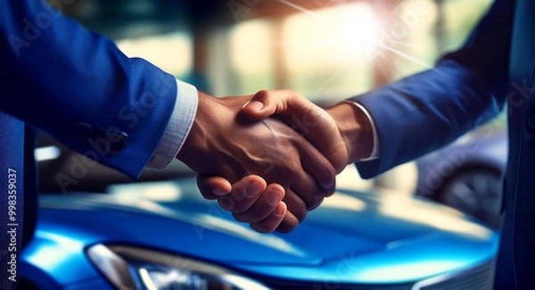 Obraz Car buyer shaking hands with salesman at auto dealership, in the background a blurry blue luxury car with light entering from the display window. Auto business and car sale concept. Generative Ai.