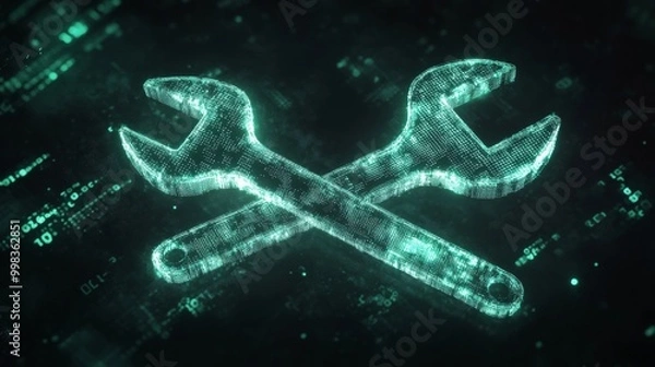 Fototapeta Crossed Digital Wrenches Made of Neon Light Representing Cyber Sabotage