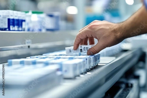 Fototapeta A hand selects a medication box from a conveyor belt in a pharmaceutical setting.