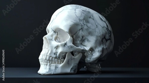 Fototapeta Side view of a human skull in stark lighting against a black background