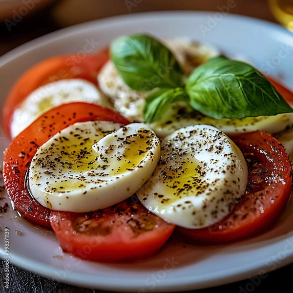 Fototapeta A plate of sliced hard-boiled eggs and fresh tomatoes, drizzled with olive oil and sprinkled with black pepper, garnished with basil leaves, creating a simple and healthy dish