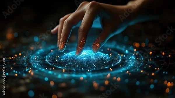 Obraz A hand touching a glowing blue earth hologram on a dark background, depicting futuristic business networking and global tech innovation.