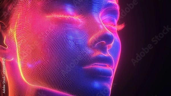 Fototapeta An abstract representation of a humanoid form in vibrant purple tones, integrated with a bright grid pattern, emphasizing digital transformation and artistic beauty.