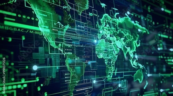 Fototapeta Digital global map with green data streams protected by firewalls