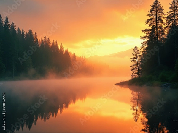 Fototapeta Beautiful sunset over a lake with trees in the background