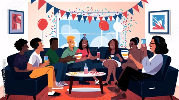 Obraz Birthday party illustration. Cheerful people sitting on couch in cafe and drinking champagne. Flat cartoon people characters with balloons, flags and confetti