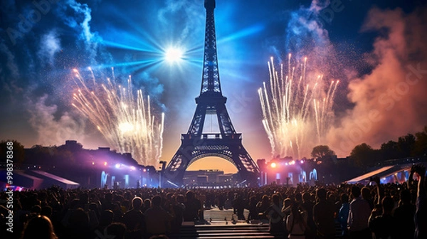 Obraz Eiffel Tower and fireworks in Paris, France. Festive background