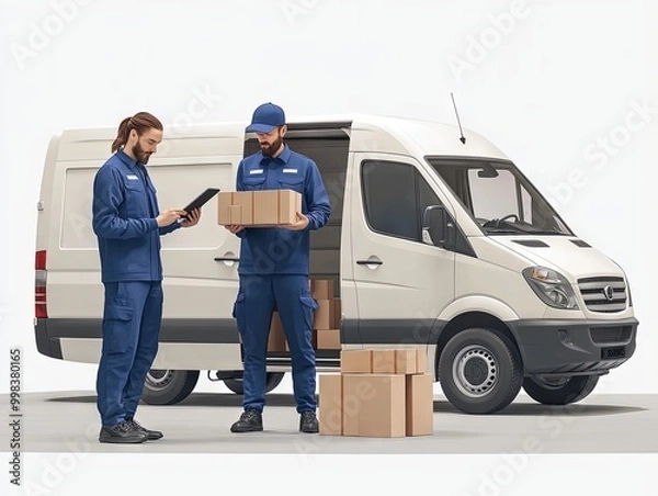 Fototapeta  couriers in blue uniforms with truck delivering boxes 