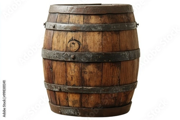 Fototapeta A rustic wooden barrel with metal bands, often used for storage or aging beverages.