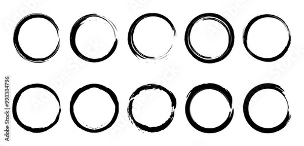 Fototapeta Grunge circles brush set. Black circle frames. Round line of black paint. Grunge round shapes. Circular ink brush stroke design elements. Vector illustration.