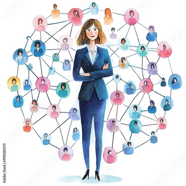 Fototapeta Watercolor illustration of a woman in a suit standing in the middle of a network of people.