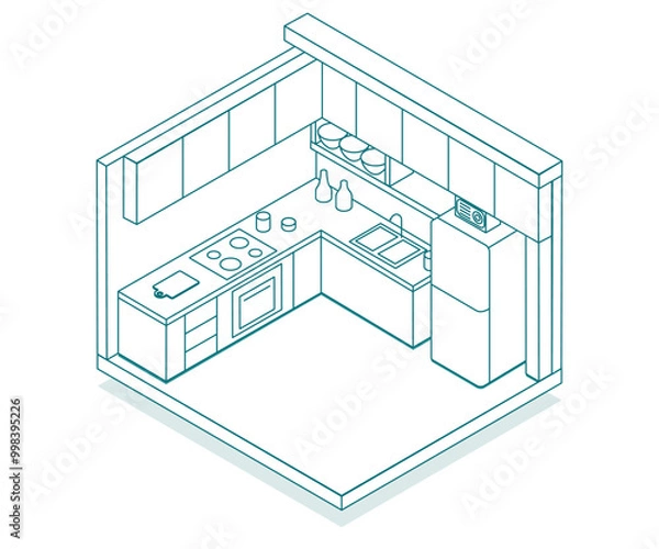 Obraz Bright isometric kitchen illustration made with lines: stylish and modern vector design with clear interior detailing. Linear kitchen image is suitable for architectural projects and graphic design.