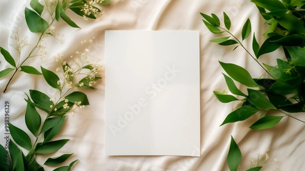 Fototapeta Blank paper mockup with delicate flowers and green leaves on soft beige fabric. Botanical invitation template advertising image. Nature-themed design mock up product photorealistic