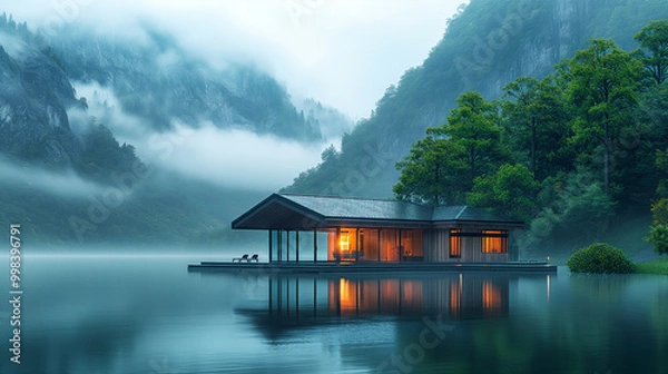 Fototapeta Tranquil Morning Amidst Northern European Mountains and Serene Waters. Generative AI
