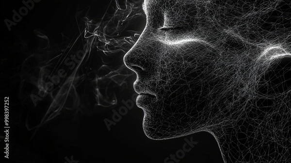 Fototapeta A monochrome side profile image features a human face formed by a web of fine lines, symbolizing digital complexity and interconnectedness against a black backdrop.