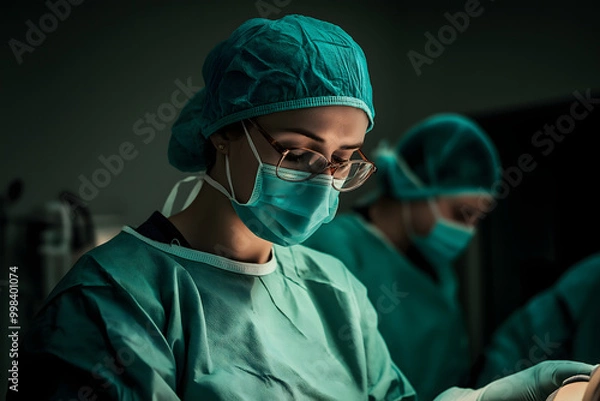 Obraz A doctor in scrubs and a surgical mask leaning over a patient in a sterile operating room, focused on their task, emphasizing hygiene and protection