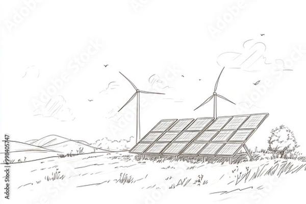 Fototapeta Hand-Drawn Vector Illustration of Solar Panels and Wind Turbines Showcasing Sustainable Alternative Energy Sources