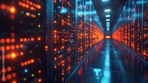 Obraz A futuristic backdrop of artificial intelligence and technology, with blurred images of a modern data center, emphasizing communication networks.
