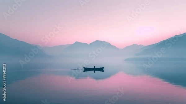 Fototapeta A boat is floating on a lake with mountains in the background