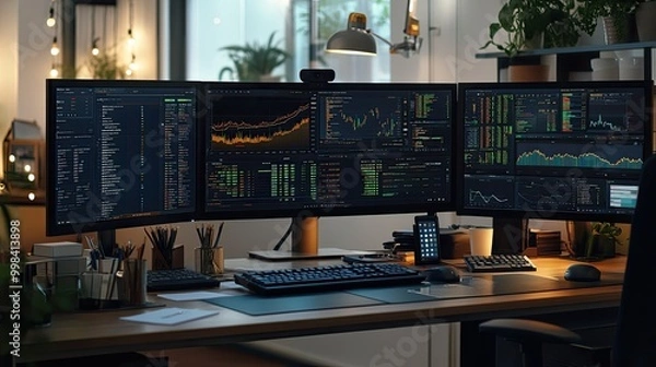 Fototapeta A professional workspace featuring multiple monitors, financial dashboards, and office accessories.
