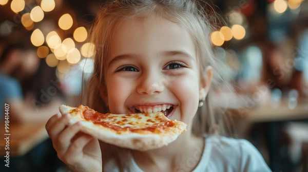 Obraz Close-up to a smiling happy little girl eating pizza in pizzeria