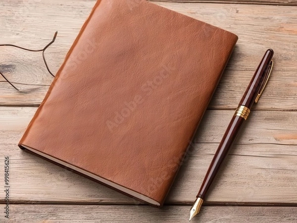 Fototapeta Leather notebook with glasses and a quill pen on a vintage desk, classic writing setup