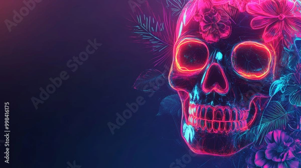 Fototapeta vibrant geometric candy skull adorned with glowing neon details and floral elements creates striking visual impact. interplay of colors evokes sense of energy and intrigue