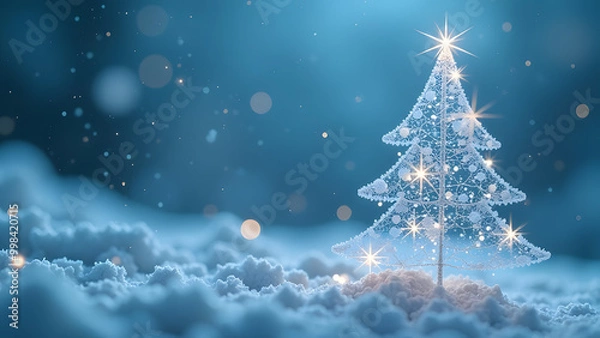 Fototapeta fragile delicately adorned Christmas tree crowned by a glowing multi-pointed star in blue color scheme blurred background invoking a sense of peace, wonder, and holiday magic