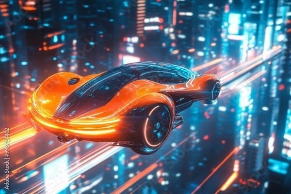 Fototapeta Futuristic flying car in a vibrant city. Bright orange and sleek design create a modern look. The technology feels alive and advanced. Generative AI.