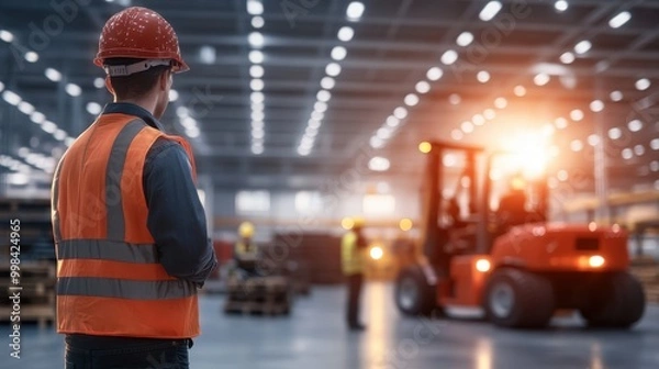 Obraz Dynamic Logistics Scene: Warehouse Worker Observing Freight Operations in a Bright Environment