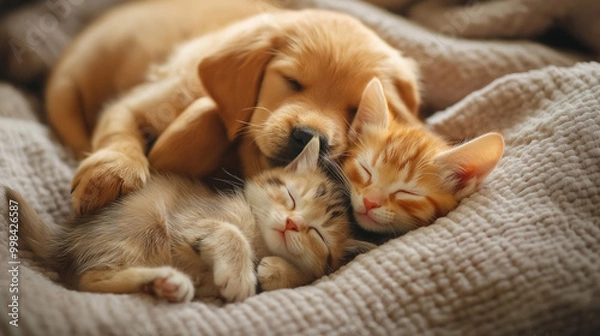Fototapeta  a puppy and kitten sleeping peacefully side by side