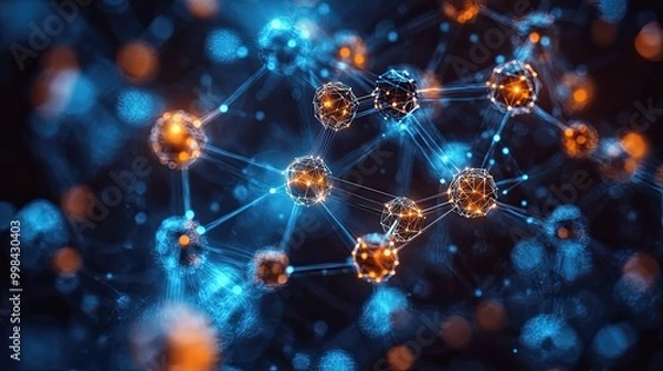 Fototapeta An abstract background features molecules and polygonal shapes connected by dots and lines, representing big data.