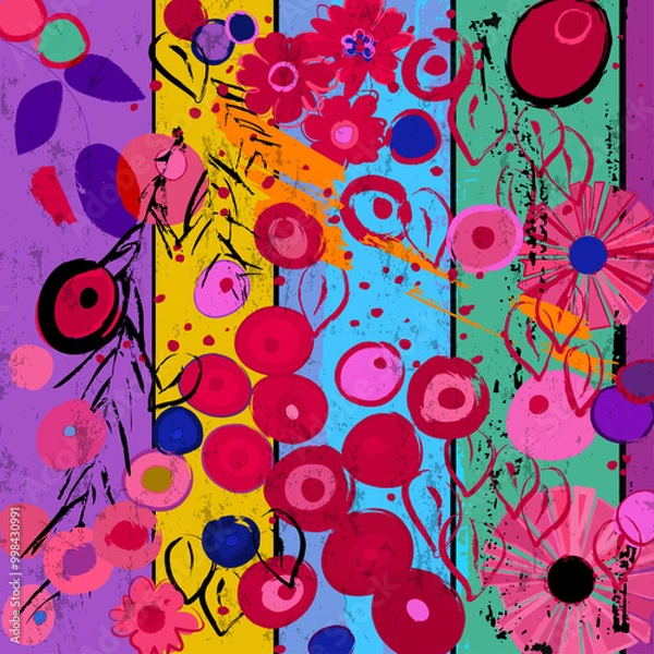 Fototapeta abstract background composition with flowers, leaves, circles, strokes, splashes and geometric lines