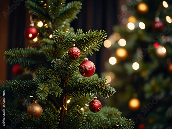 Obraz A Christmas tree adorned with red baubles and glowing lights.