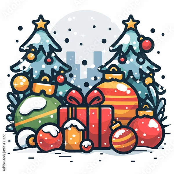 Fototapeta A Christmas tree with a red present on top. The tree is surrounded by many ornaments, including some that are shaped like balls