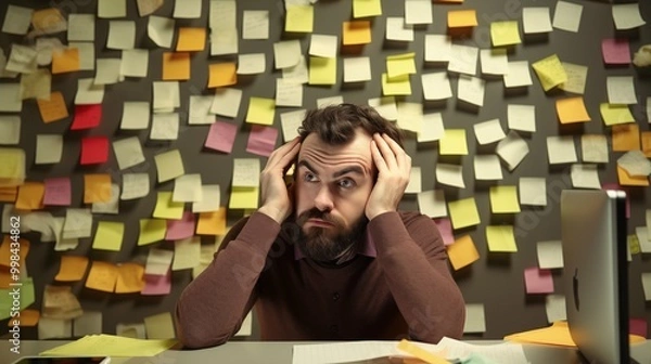Fototapeta Entrepreneur man frustrated with endless to-do list image. Office worker head in hands, wall in sticky notes photography. Challenge of balancing tasks concept photorealistic photo