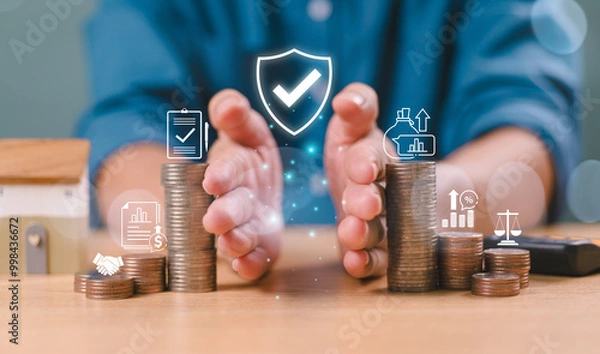 Fototapeta Insurance plan protect family wealth. Divorce law and inheritance separation concept. Hand separate stack coin saving money, finance inherit division, home loan, debt return. Bank business investment